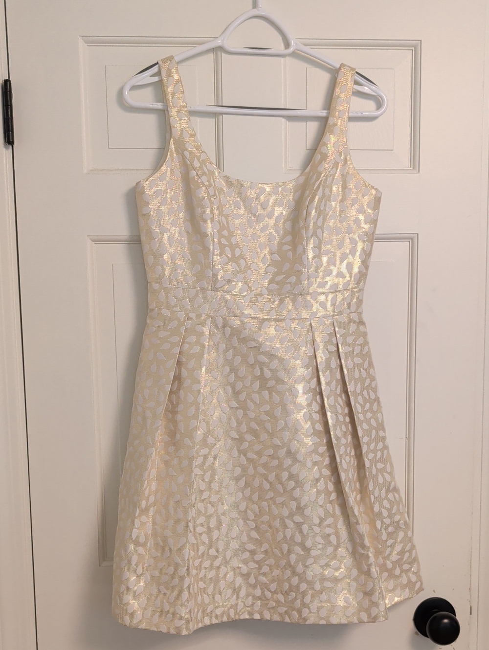Sleeveless Ivory and Gold Brocade Fit-and-Flare Dress